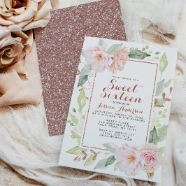 Roos Gold Pink Glitter Sweet Sixteen Inv Kaart