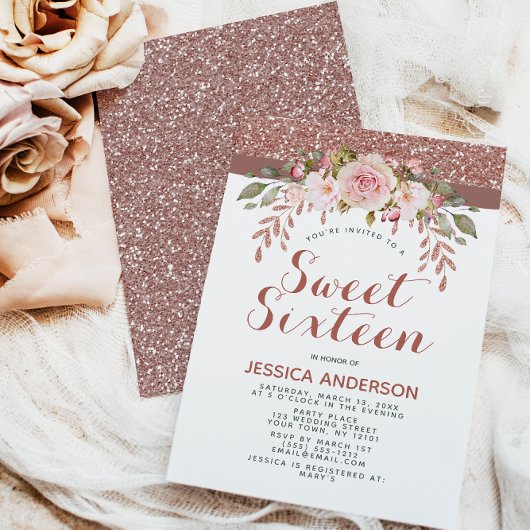 Roos Gold Pink Glitter Sweet Sixteen Kaart