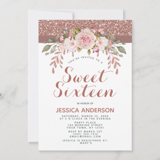 Roos Gold Pink Glitter Sweet Sixteen Kaart (Voorkant)