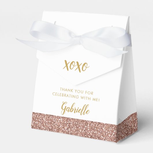 Roos Gold Pink Glitter XOXO Birthday Mitzvah Bedankdoosjes (Voorkant Zijde)