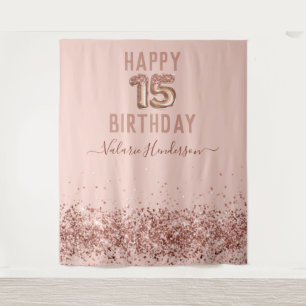 Roos Gold Pink Happy 15th Birthday Tapestry Wandkleed