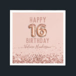 Roos Gold Pink Happy 16th Birthday Servet<br><div class="desc">Meisjes glitter,  milleniumroze achtergrond,  met fancy manuscriptnaam typografie. Faux roos gold 16 ballontekst. Geweldig voor de 16de Sweet-viering.</div>