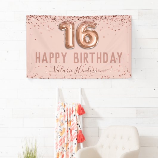 Roos Gold Pink Happy 16th Birthday Spandoek (Insitu)