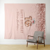 Roos Gold Pink Happy 16th Birthday Tapestry Wandkleed (In Situ (horizontaal))