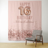 Roos Gold Pink Happy 16th Birthday Tapestry Wandkleed (In situ)
