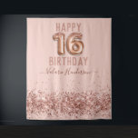 Roos Gold Pink Happy 16th Birthday Tapestry Wandkleed<br><div class="desc">Meisjes glitter,  milleniumroze achtergrond,  met fancy manuscriptnaam typografie. Faux roos gold 16 ballontekst. Geweldig voor de 16de Sweet-viering.</div>