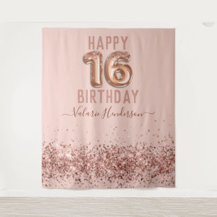 Roos Gold Pink Happy 16th Birthday Tapestry Wandkleed