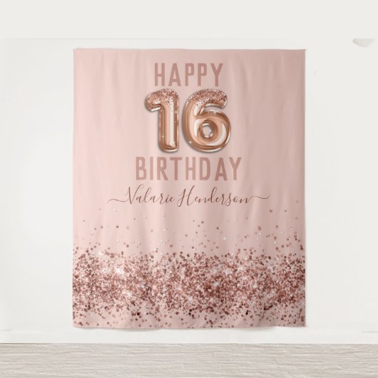 Roos Gold Pink Happy 16th Birthday Tapestry Wandkleed (Voorkant)