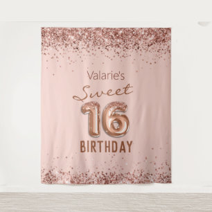 Roos Gold Pink Happy 16th Birthday Tapestry Wandkleed