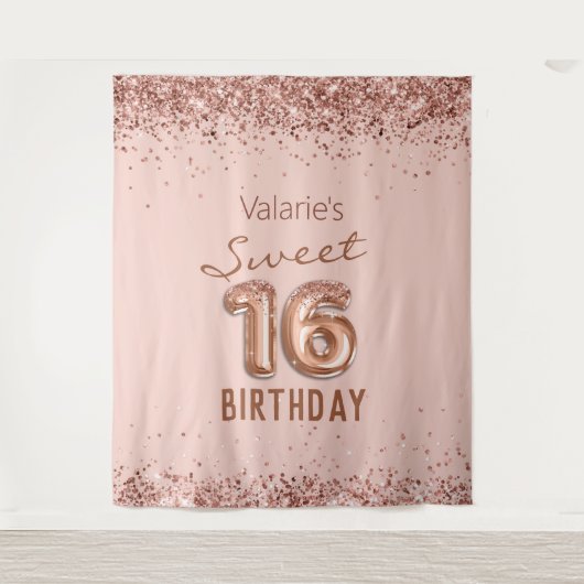 Roos Gold Pink Happy 16th Birthday Tapestry Wandkleed (Voorkant)