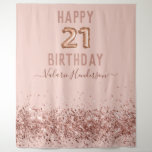 Roos Gold Pink Happy 21st Birthday Tapestry Wandkleed<br><div class="desc">Meisjes glitter,  milleniumroze achtergrond,  met fancy manuscriptnaam typografie. Faux roos gold 21 ballontekst. Geweldig voor 21ste feestelijkheden.</div>