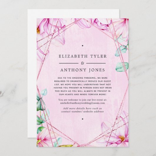 Roos Gold & Pink Magnolia Geometrische bruiloft ga Aankondiging (Voorkant / Achterkant)