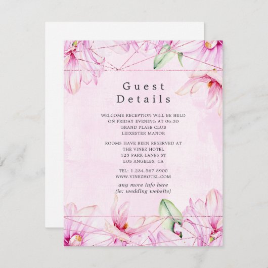 Roos Gold & Pink Magnolia geometrische gastgegeven Informatiekaartje (Voorkant / Achterkant)