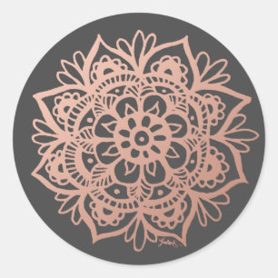 Roos Gold Pink Mandala Bloem op grijs Ronde Sticker