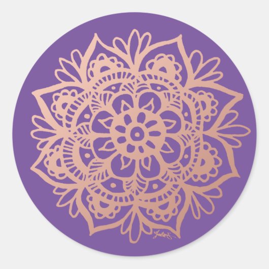 Roos Gold Pink Mandala Vloer Paars Ronde Sticker (Voorkant)