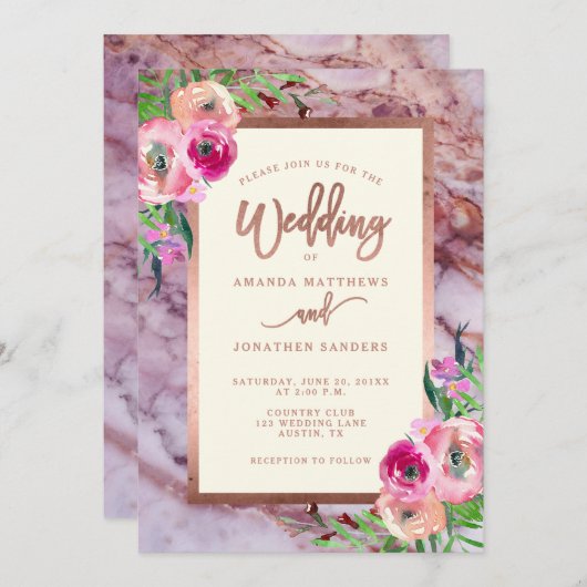 Roos Gold Pink Marble Floral Weddenschap Kaart (Voorkant / Achterkant)