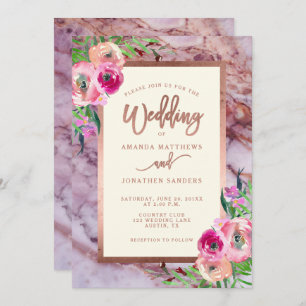 Roos Gold Pink Marble Floral Weddenschap Kaart