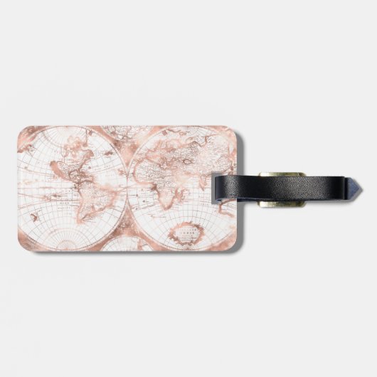 Roos Gold Pink Metaal Glitter Antiek Wereldkaart Bagagelabel (Achterkant horizontaal)