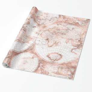 Roos Gold Pink Metaal Glitter Antiek Wereldkaart Cadeaupapier
