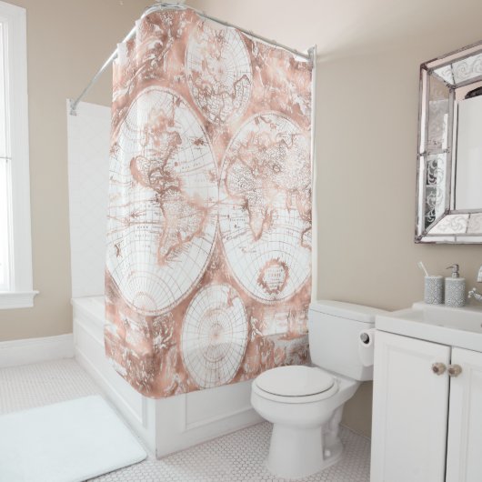 Roos Gold Pink Metaal Glitter Antiek Wereldkaart Douchegordijn (In situ)