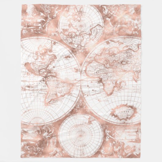 Roos Gold Pink Metaal Glitter Antiek Wereldkaart Fleece Deken (Voorkant)