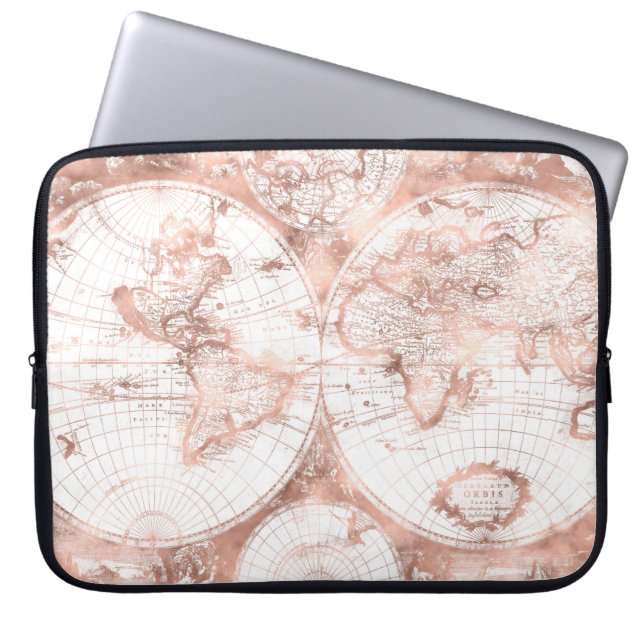 Roos Gold Pink Metaal Glitter Antiek Wereldkaart Laptop Sleeve (Voorkant)