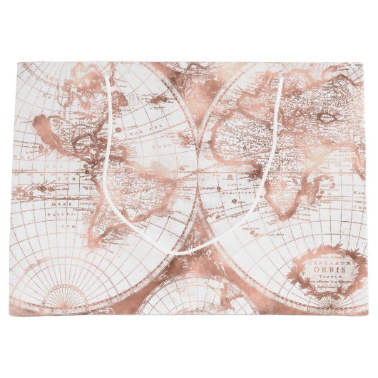 Roos Gold Pink Metaal Glitter Antiek Wereldkaart Large Cadeautasje (Voorkant)