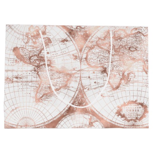 Roos Gold Pink Metaal Glitter Antiek Wereldkaart Large Cadeautasje (Achterkant)