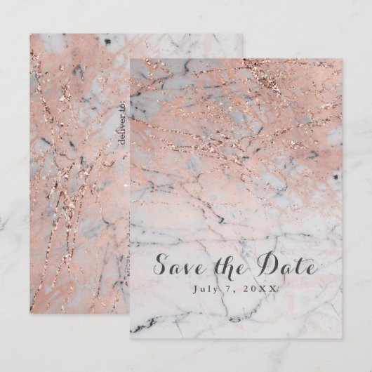 Roos Gold Pink Modern Marble Glam Save the Date Aankondigingskaart (Voorkant / Achterkant)
