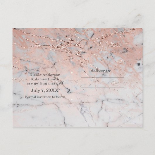 Roos Gold Pink Modern Marble Glam Save the Date Aankondigingskaart (Achterkant)