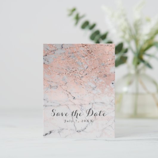 Roos Gold Pink Modern Marble Glam Save the Date Aankondigingskaart (Staand voorkant)