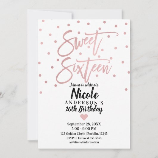 Roos Gold Pink Modern Script Sweet 16 Zestien Kaart (Voorkant)