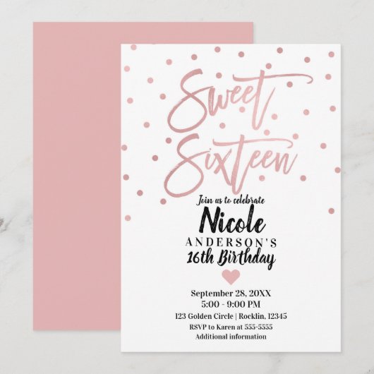 Roos Gold Pink Modern Script Sweet 16 Zestien Kaart (Voorkant / Achterkant)