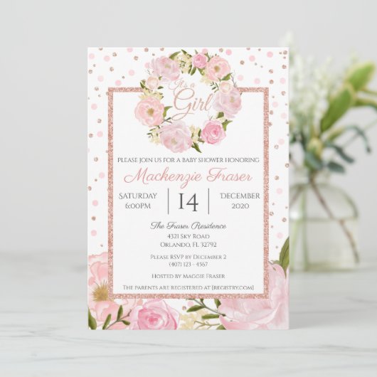 Roos Gold Pink Peony Girls Baby shower Kaart (Staand voorkant)