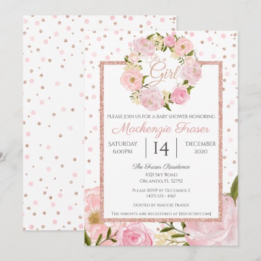 Roos Gold Pink Peony Girls Baby shower Kaart (Voorkant / Achterkant)