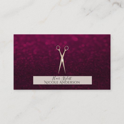 Roos Gold Pink Scissors Burgundy Hair Stylist Visitekaartje (Voorkant)