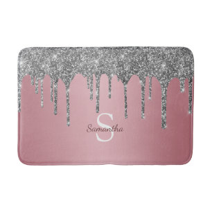 Roos Gold Pink Silver Glitter Drift Monogram Naam Badmat