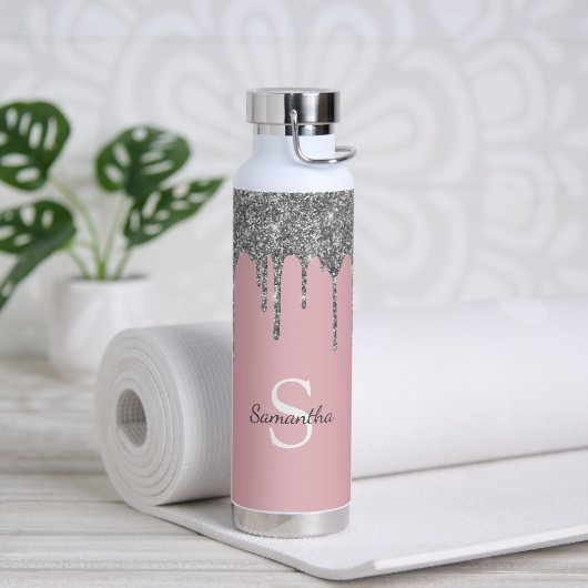 Roos Gold Pink Silver Glitter Drift Monogram Naam Waterfles (Yoga)