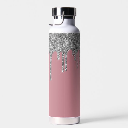 Roos Gold Pink Silver Glitter Drift Monogram Naam Waterfles (Rechts)