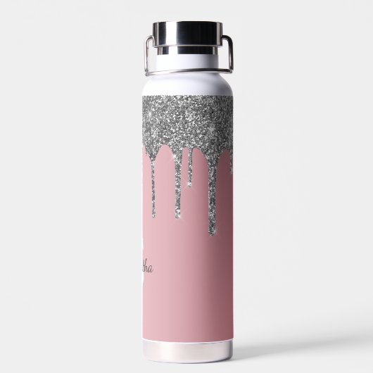 Roos Gold Pink Silver Glitter Drift Monogram Naam Waterfles (Achterkant)