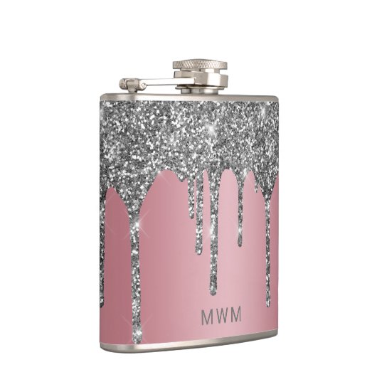 Roos Gold Pink Silver Glitter Drives Monogram 6 oz Heupfles (Rechts)