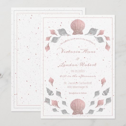 Roos Gold Pink Silver Metallic Seashells Weddensch Kaart (Voorkant / Achterkant)