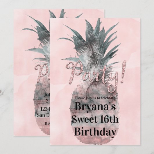 Roos Gold Pink Tropical Summer Pineapple Party Kaart (Voorkant / Achterkant)