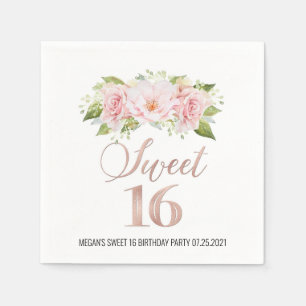 Roos Gold Pink Waterverf Floral Sweet 16 Birthday Servet