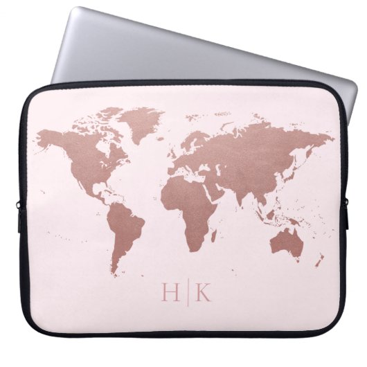 Roos Gold Pink Wereldkaart Elegant Monogrammen Laptop Sleeve (Voorkant)