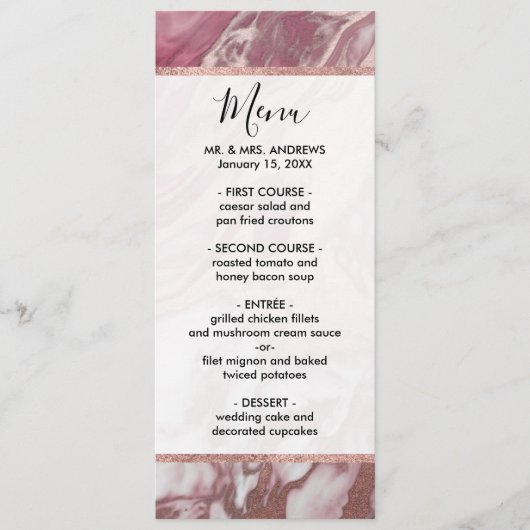 Roos Gold Pink White Painted Girly Abstract Marble Menu (Voorkant)