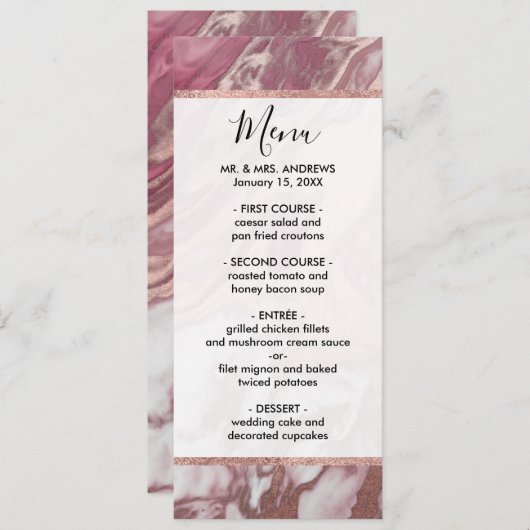 Roos Gold Pink White Painted Girly Abstract Marble Menu (Voorkant / Achterkant)