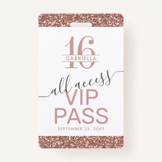 Roos Gold Pink White Sweet 16 Uitnodiging VIP Badge (Voorkant)