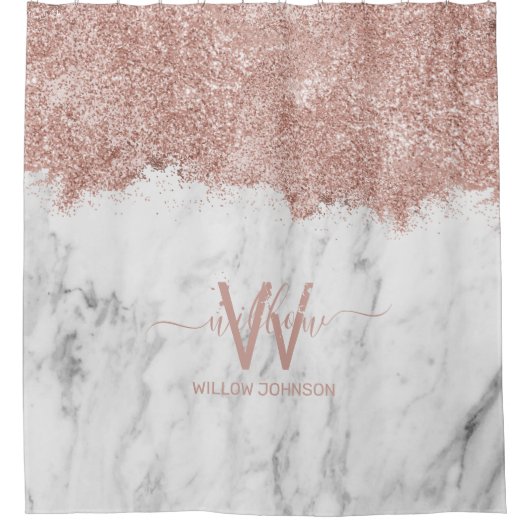 Roos Gold Pink witte marmer Glitter Dust Monogram Douchegordijn (Voorkant)