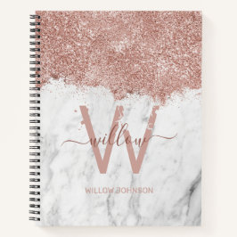 Roos Gold Pink witte marmer Glitter Dust Monogram Notitieboek